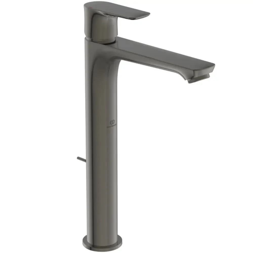 Hochstehender Wasserhahnhof von Ideal Standard in Magnetgrau mit Hebelgriff und seitlichem Ablass, geeignet für moderne Waschtische.